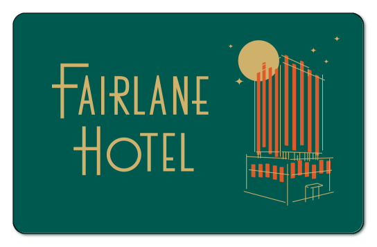 Fairlane Hotel logo next to cartoon hotel over teal background